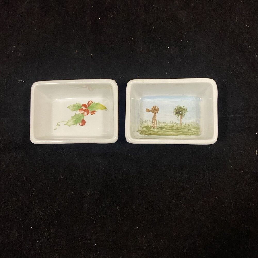 hand painted trinket dishes (2) strawberries and windmill scene signed by artist